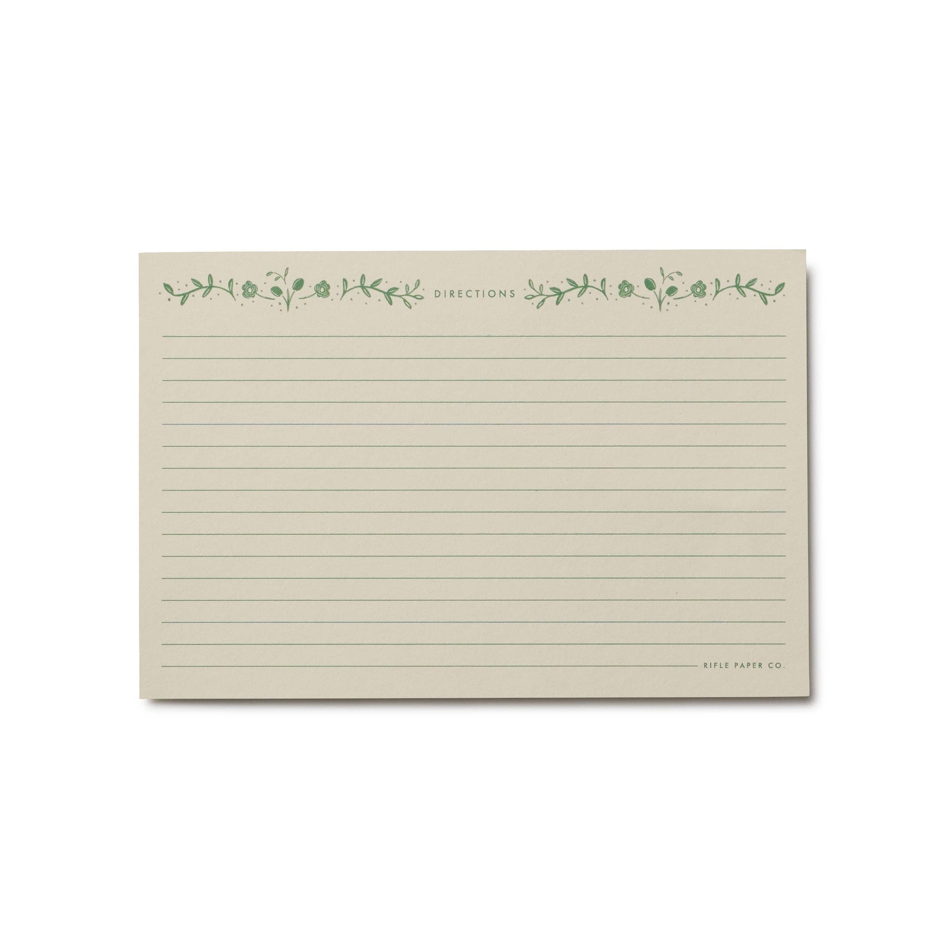 Note card with green floral design and text on a white background Rifle Paper Co. Artichoke Recipe Cards – Set of 12