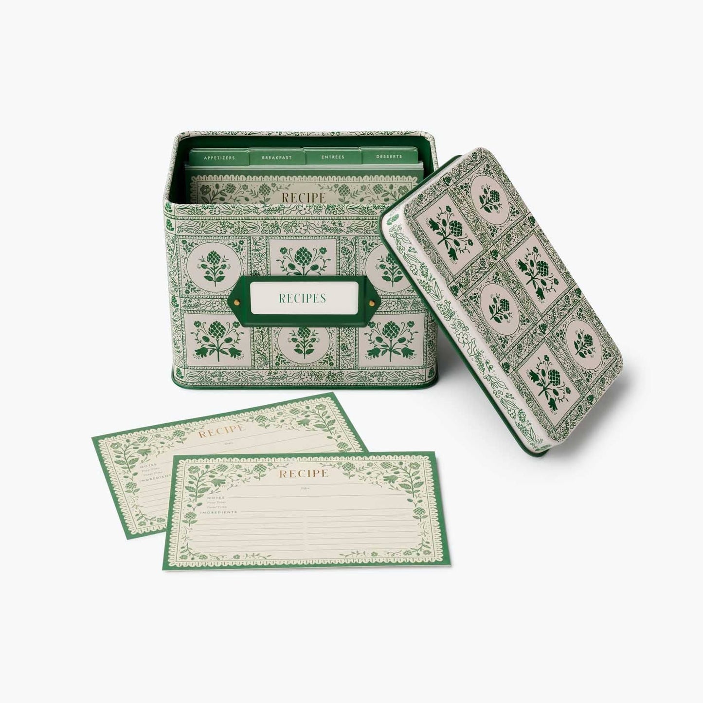 Green recipe box with decorative design and recipe cards on a white background Rifle Paper Co. Artichoke Recipe Tin
