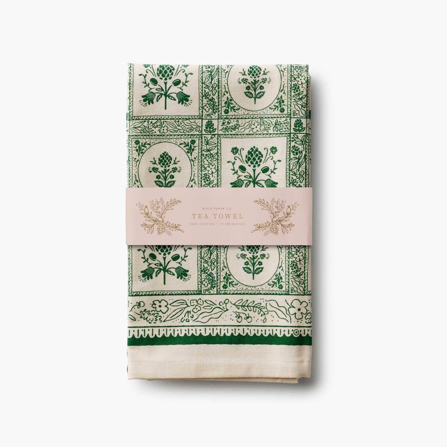 Pack of tea towels with green floral pattern on a white background Rifle Paper Co. Artichoke Tea Towel
