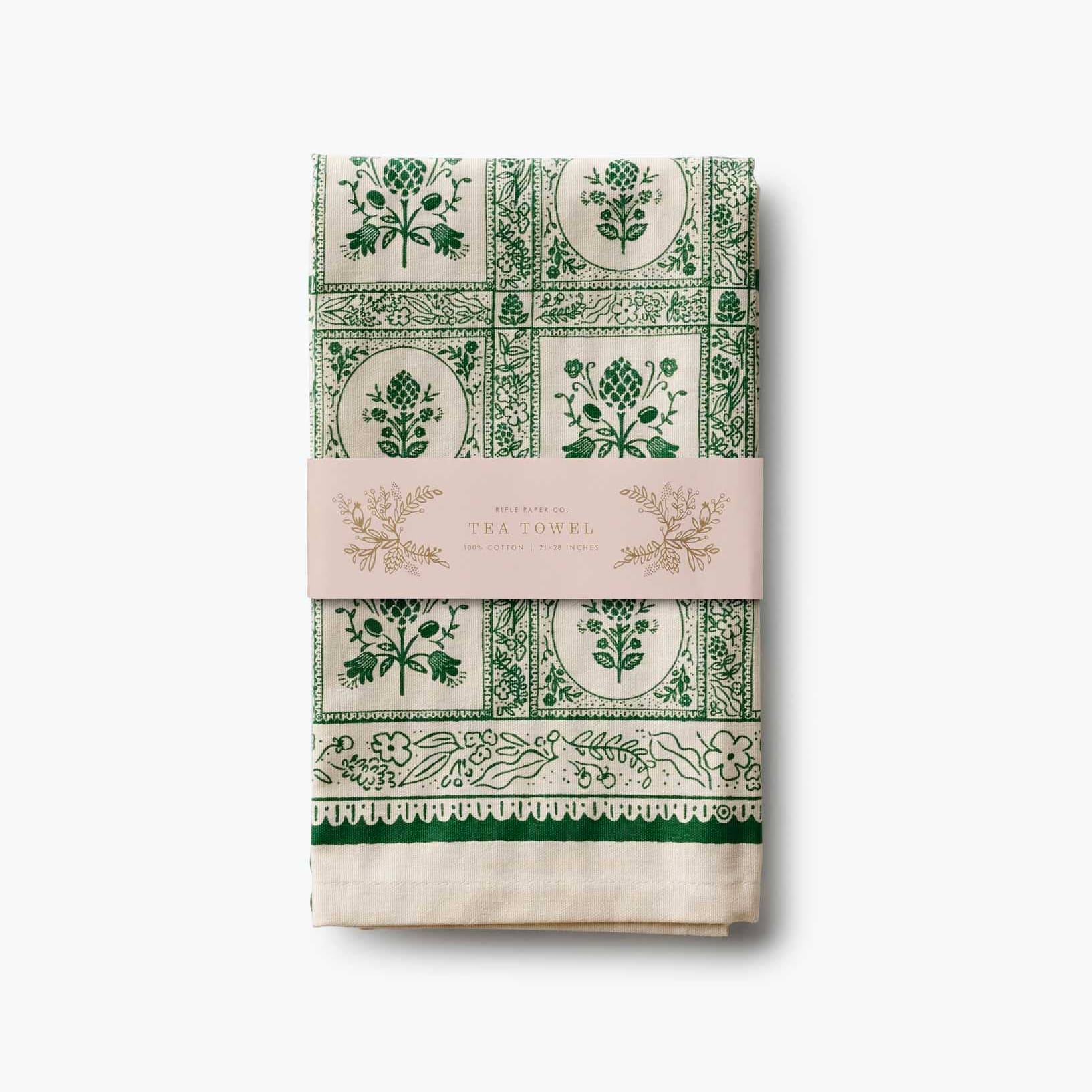 Pack of tea towels with green floral pattern on a white background Rifle Paper Co. Artichoke Tea Towel