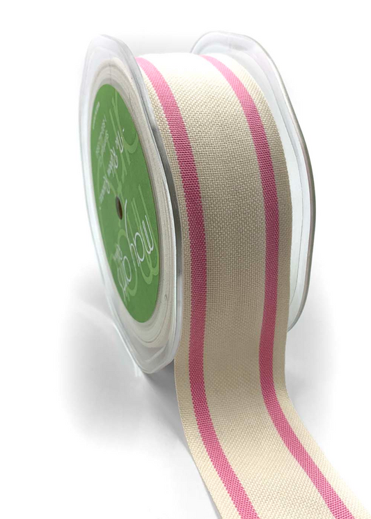 1.5 Inch Cotton Blend Woven Double Stripe Ribbon with Woven Edge in Pink