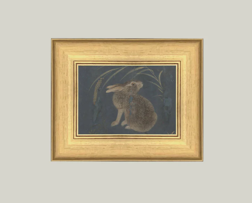 Brown Rabbit on Navy Framed Vintage Art