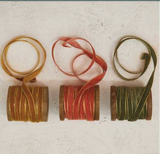 10 Yard Velvet Ribbon on Wood Spool, 3 Colors
