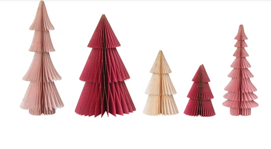 Handmade Folding Honeycomb Shades of Pink Trees with Gold Glitter Edges, Set of 5