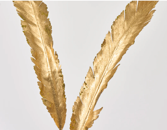 Gold Glitter Edge Three Metallic Gold Feather Stems Festive Holiday Branch Spray - 53"