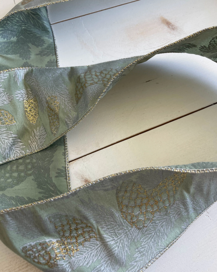 4" Green Wired Ribbon with Gold and Silver Pinecones