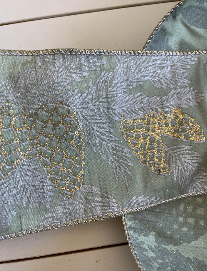 4" Green Wired Ribbon with Gold and Silver Pinecones