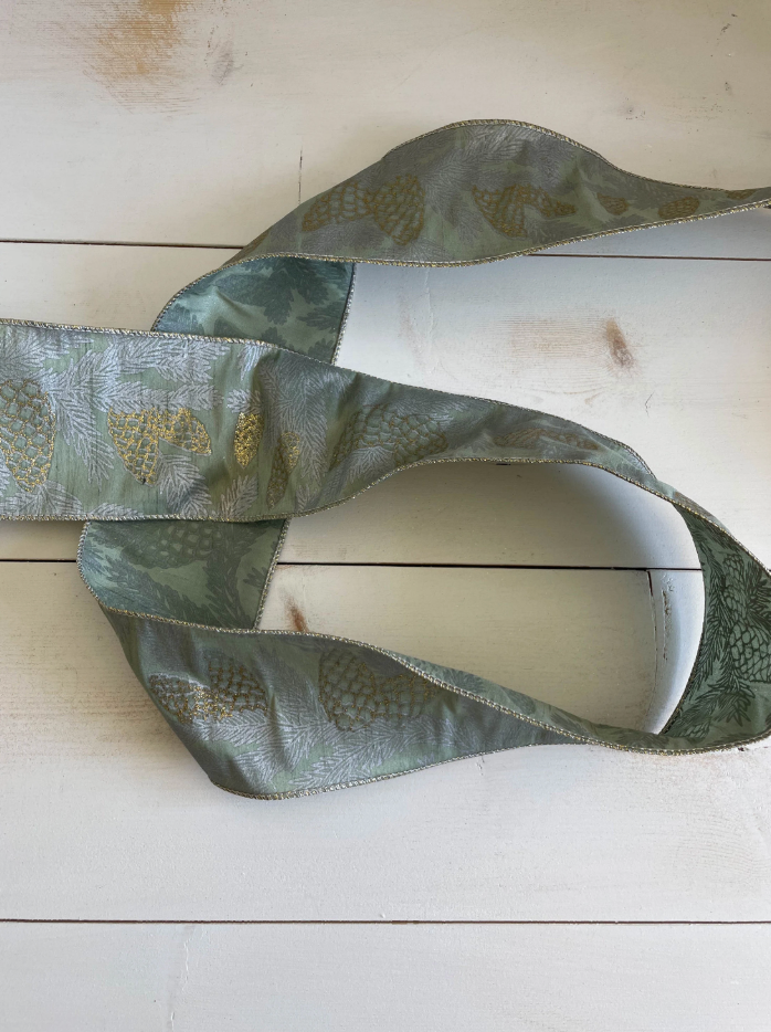 4" Green Wired Ribbon with Gold and Silver Pinecones