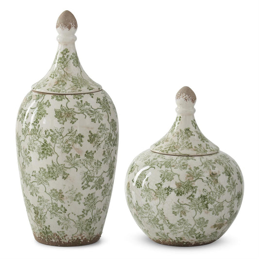 Set of 2 Green & Cream Crackled Ceramic Chinoiserie Ginger Jars