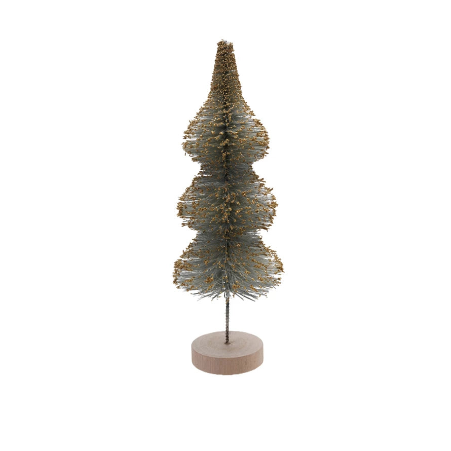 Sisal Bottle Brush Tree with Gold Glitter & Wood Base, Mint Color 3 sizes