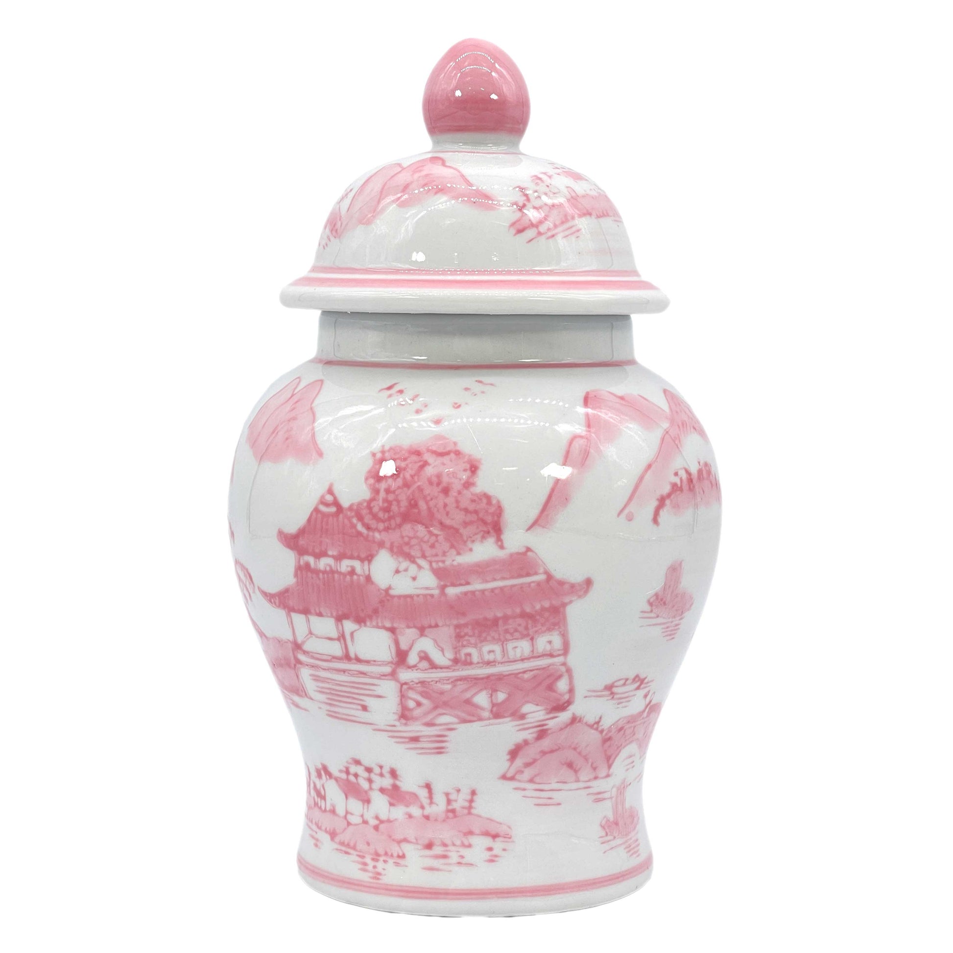 White ceramic jar with pink floral patterns and a matching pink lid on a white background