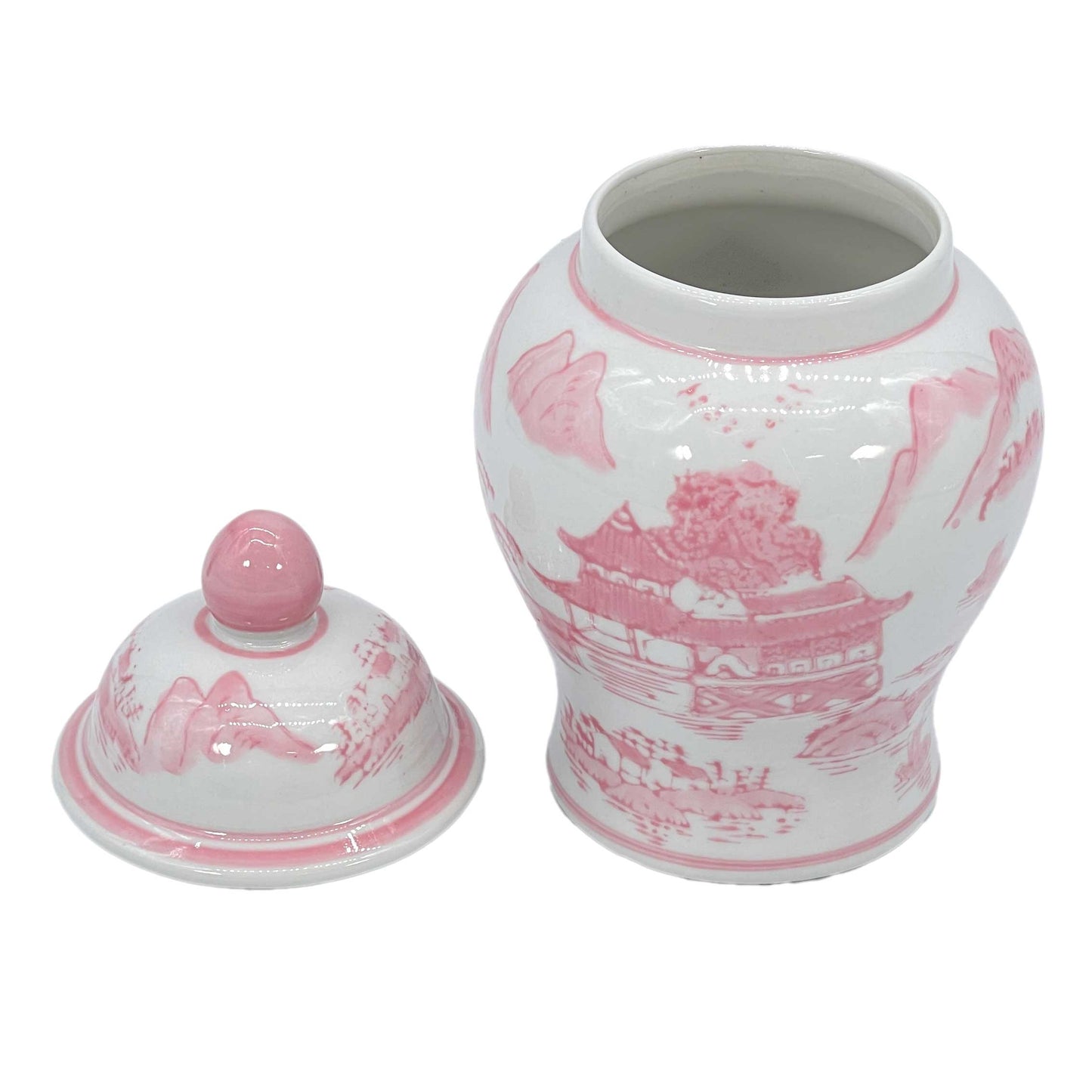 White ceramic ginger jar with pink floral patterns on a white background