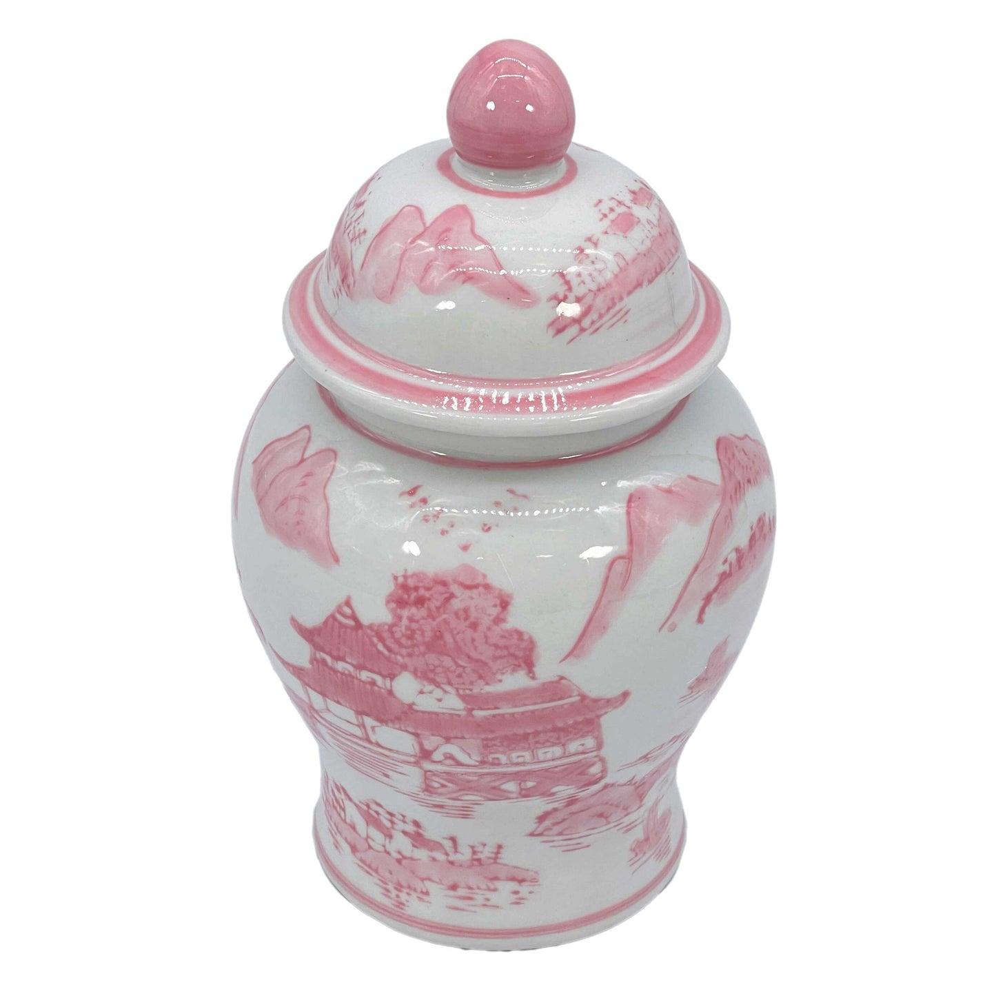 Ceramic ginger jar with pink floral patterns on a white background