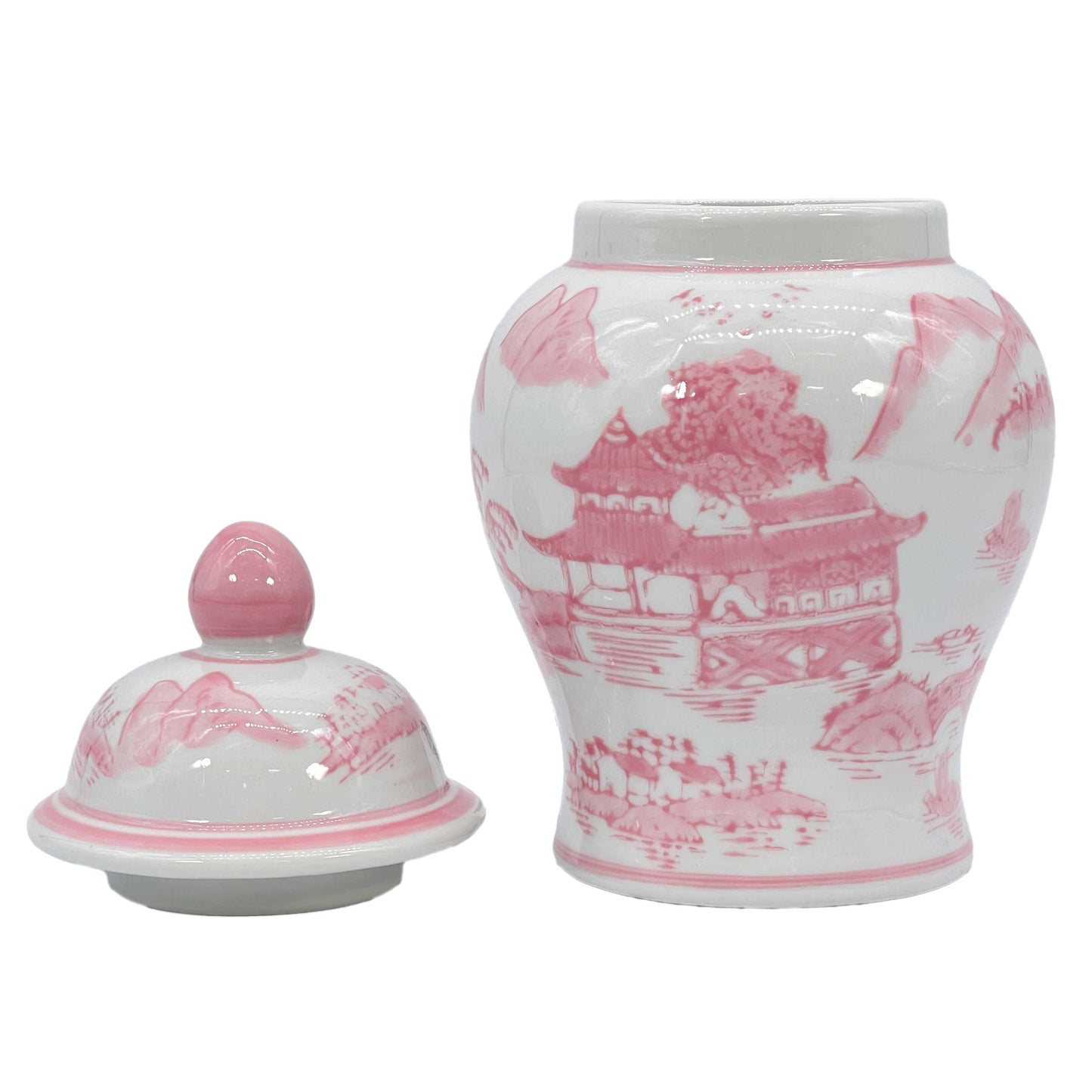 Small Pink and White Chinoiserie Ceramic Decorative Tea & Ginger Jar - 8 Inches