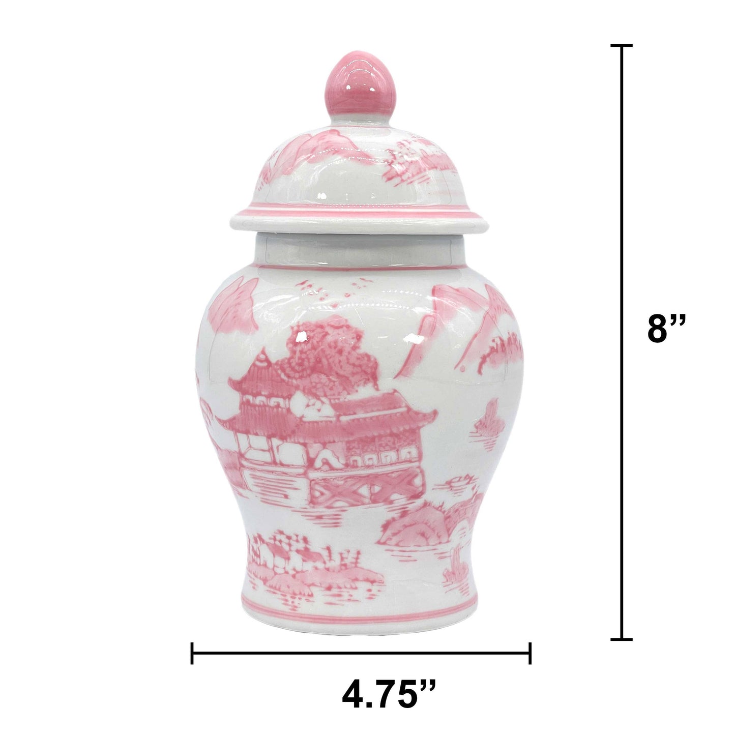 White ceramic jar with pink floral patterns and lid, shown with dimensions on a white background.