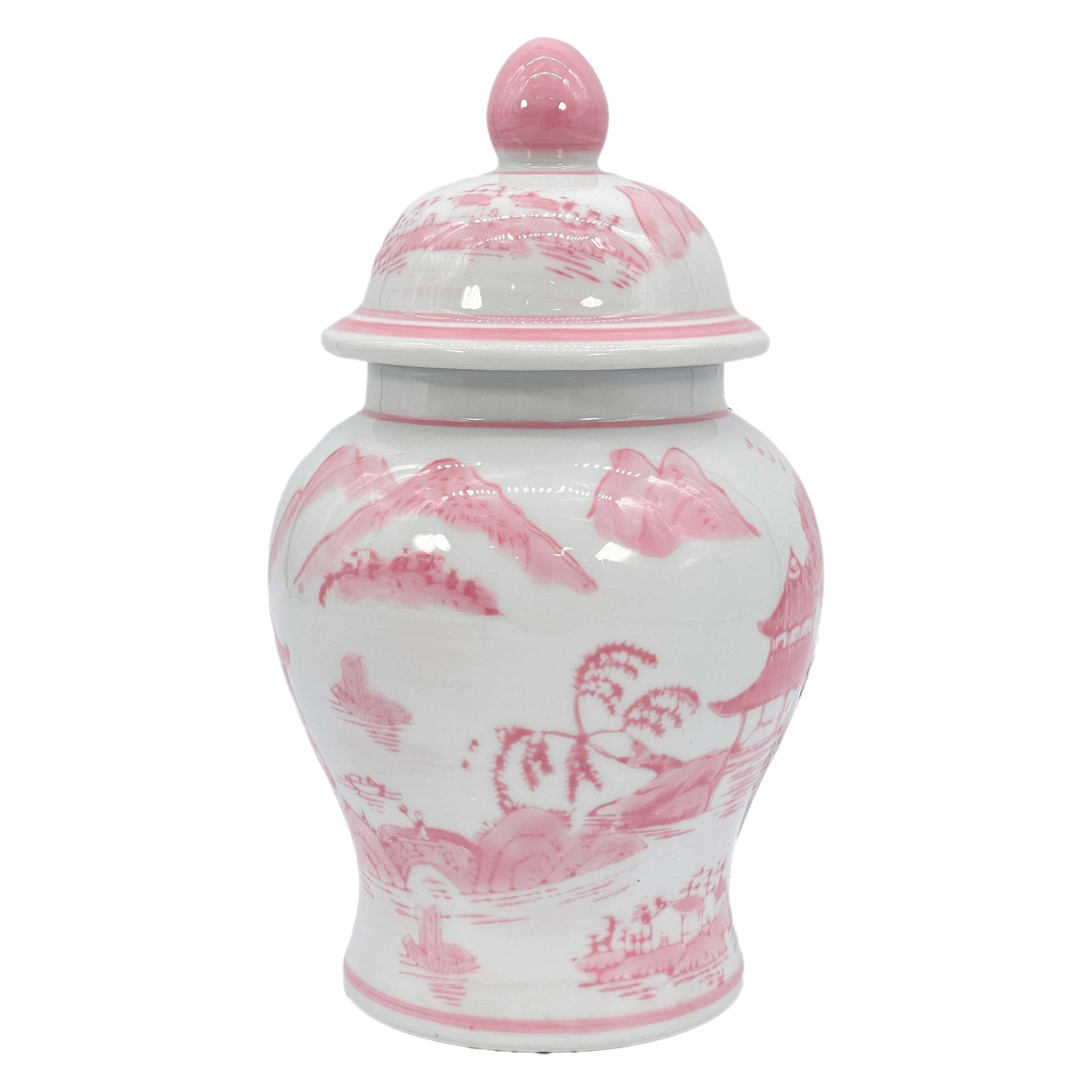 Small Pink and White Chinoiserie Ceramic Decorative Tea & Ginger Jar - 8 Inches