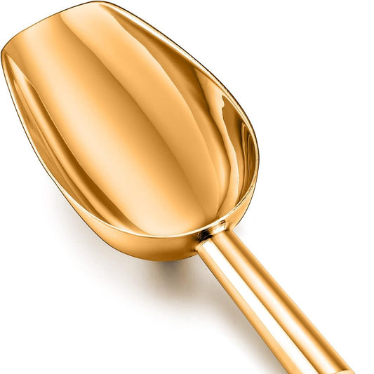 A gold-colored stainless steel ice scoop with a polished finish.