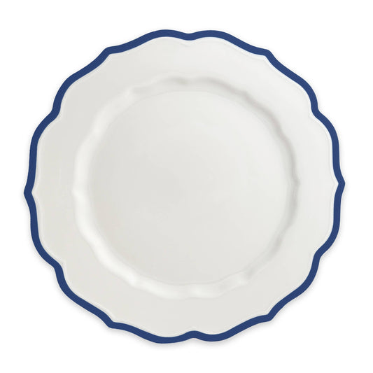 White plate with a blue rim on a white background