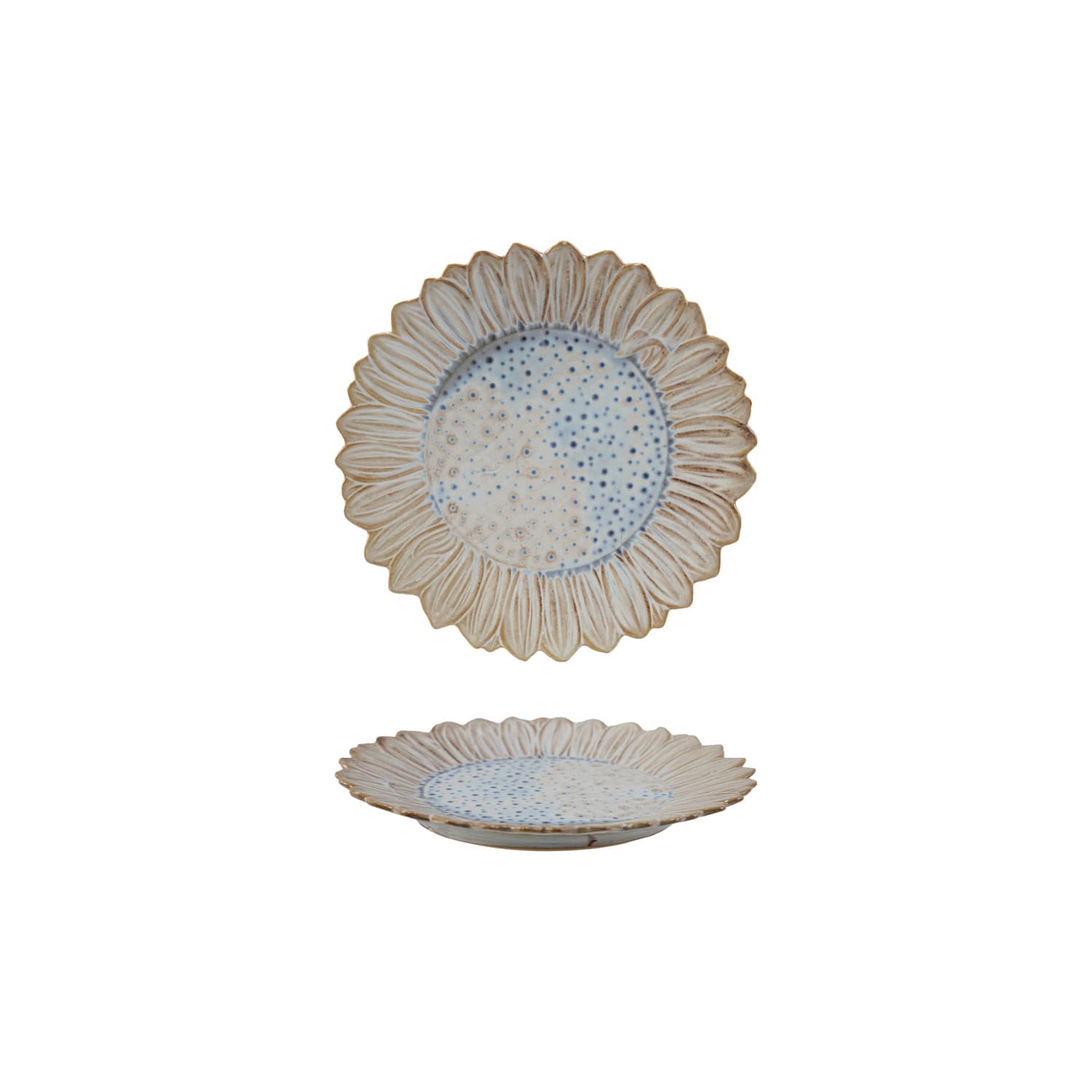 Flower Shaped Stoneware Plate - White & Blue Reactive Glaze - Unique Artisan Design