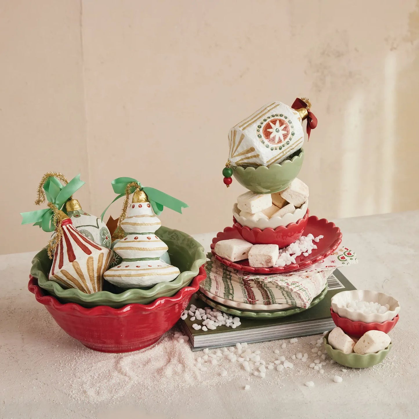 Decorative stoneware bowls on a light surface.