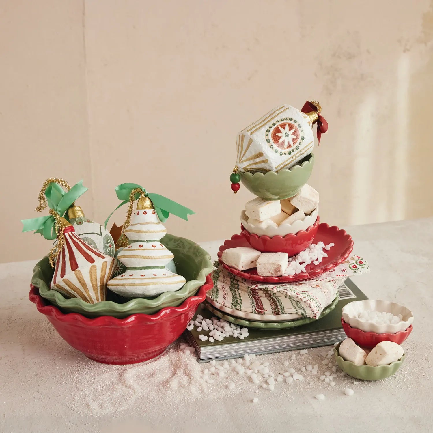 Decorative stoneware bowls on a light surface.