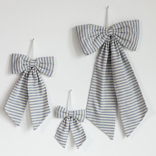 Striped Baby Blue with thin Gold Stripe Fabric Bows