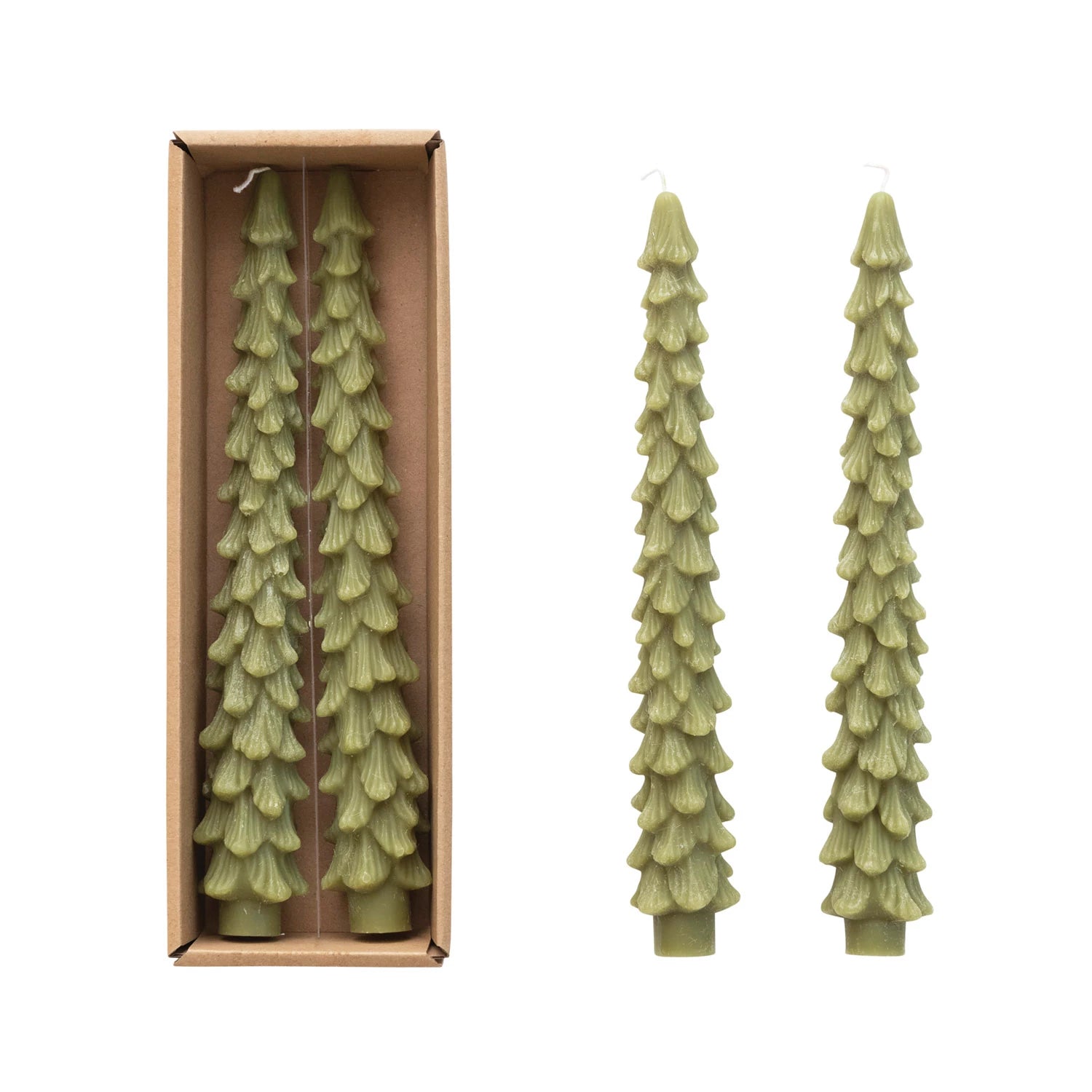 Two tall green candles shaped like evergreen trees, one in a cardboard box on a white background.