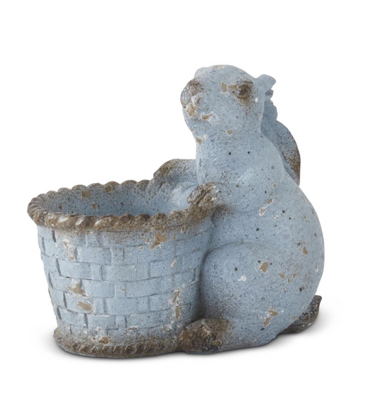 Weathered Blue Terracotta Bunny with Basket - 7" Spring Decor