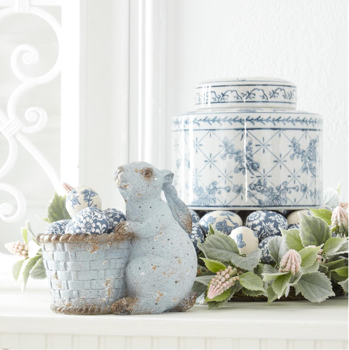 Weathered Blue Terracotta Bunny with Basket - 7" Spring Decor