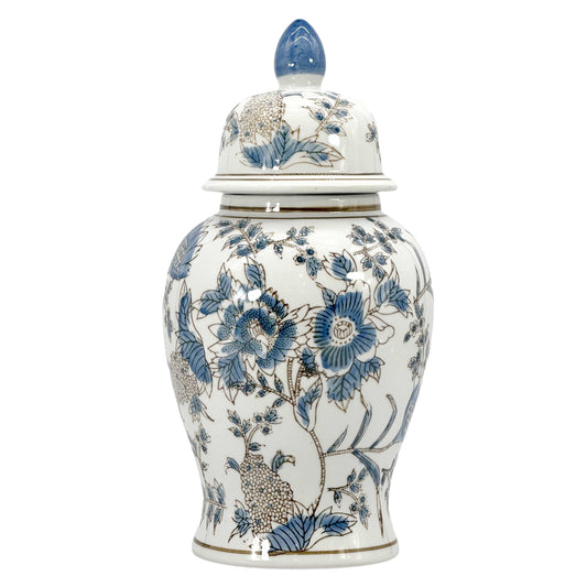 Decorative ceramic jar with blue floral and animal patterns on a white background White & Blue Chinoiserie Ginger Jar 14"