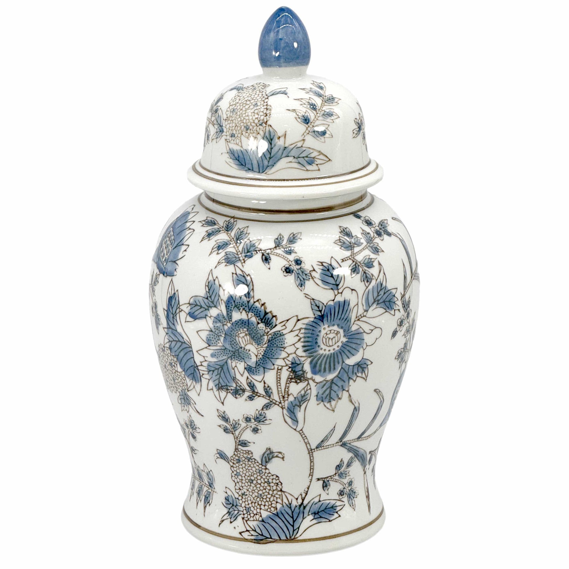 Decorative ceramic jar with blue floral and peacock design on a white background White & Blue Chinoiserie Ginger Jar 14"