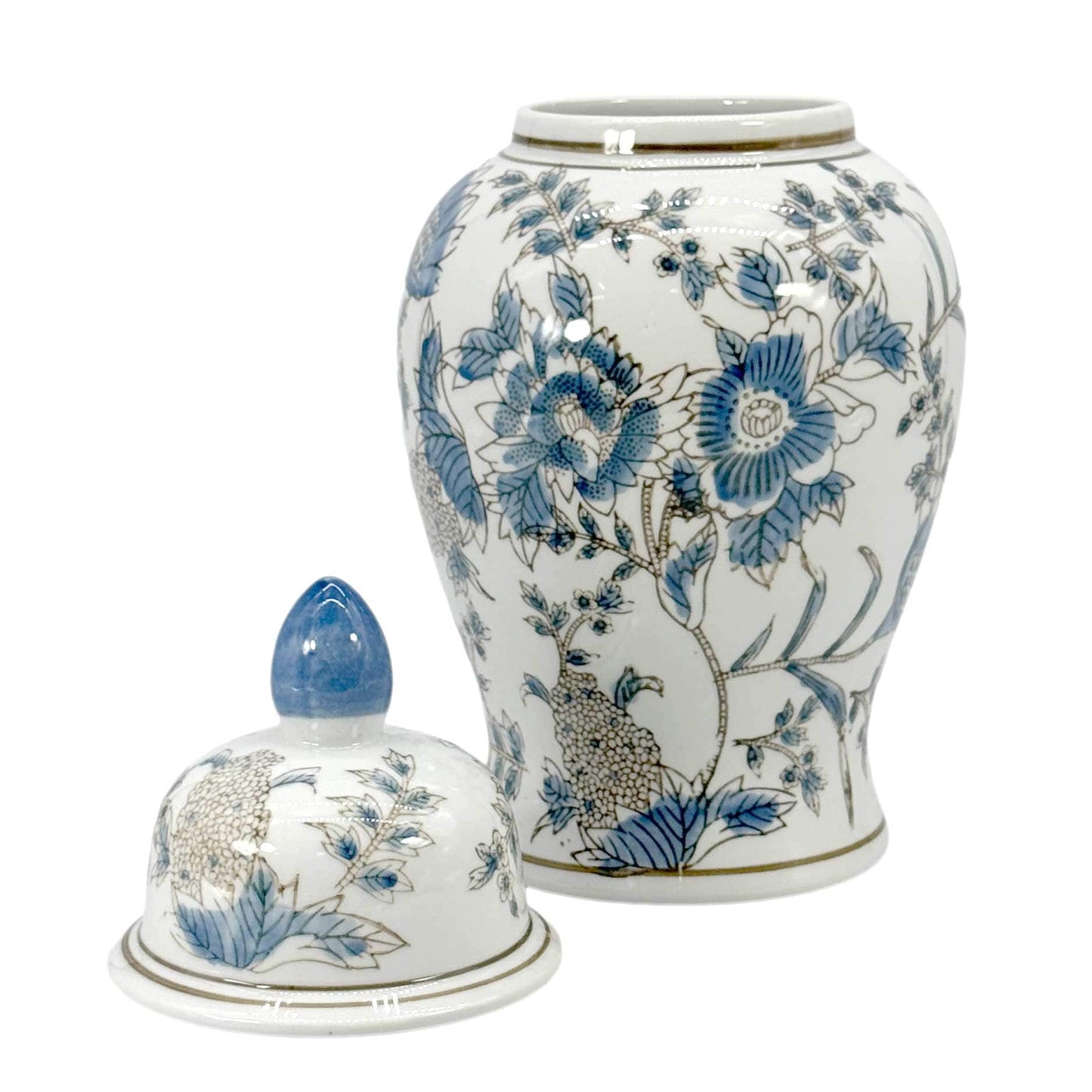 Ceramic jar with blue floral design on a white background