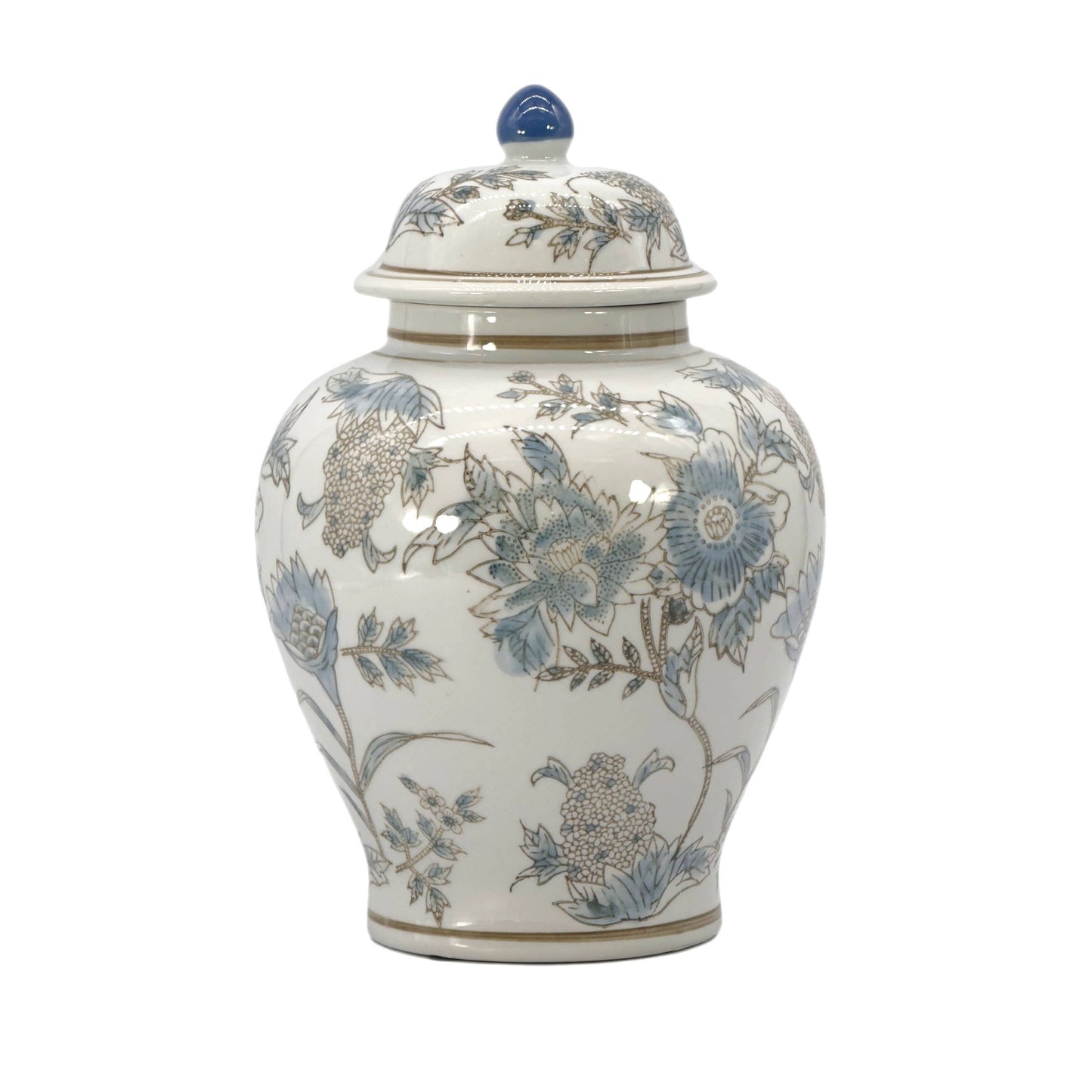 Ceramic jar with floral patterns on a white background White & Blue Floral  Ceramic Chinoiserie Jar 12"