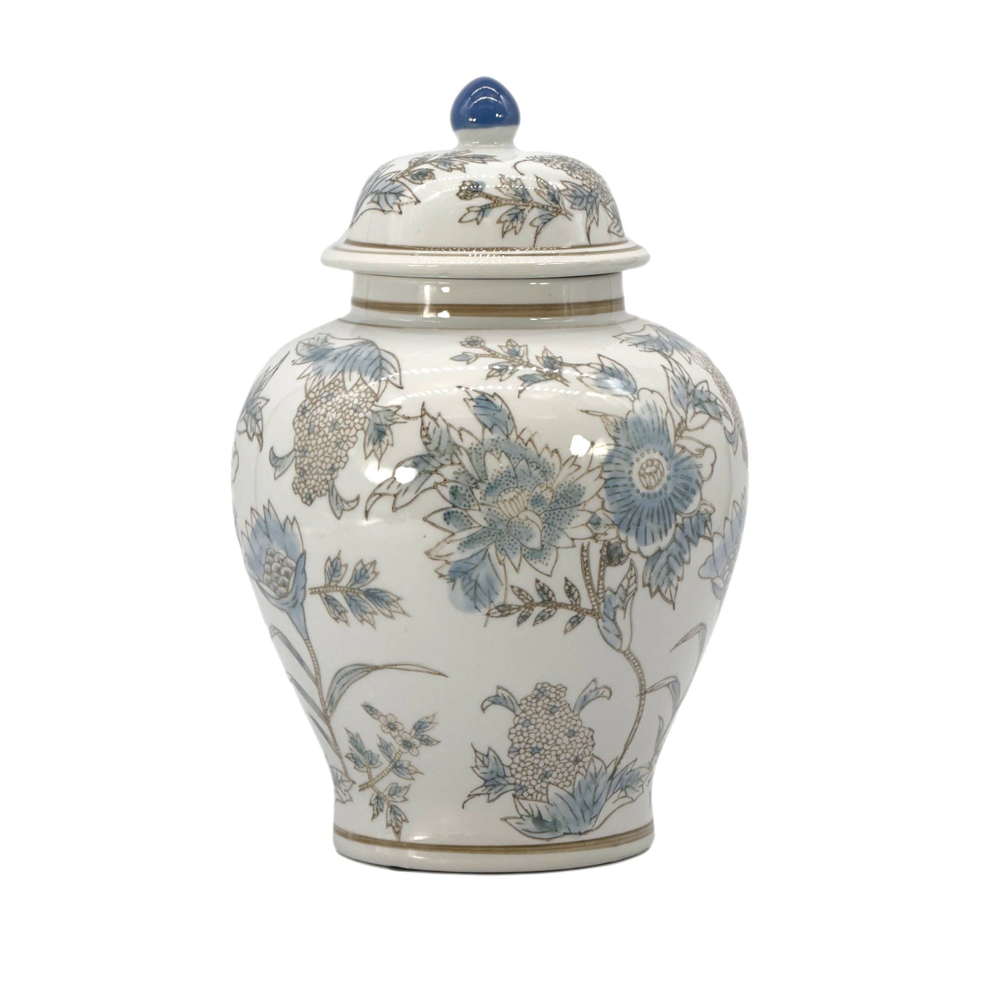 Ceramic jar with floral patterns on a white background White & Blue Floral  Ceramic Chinoiserie Jar 12"