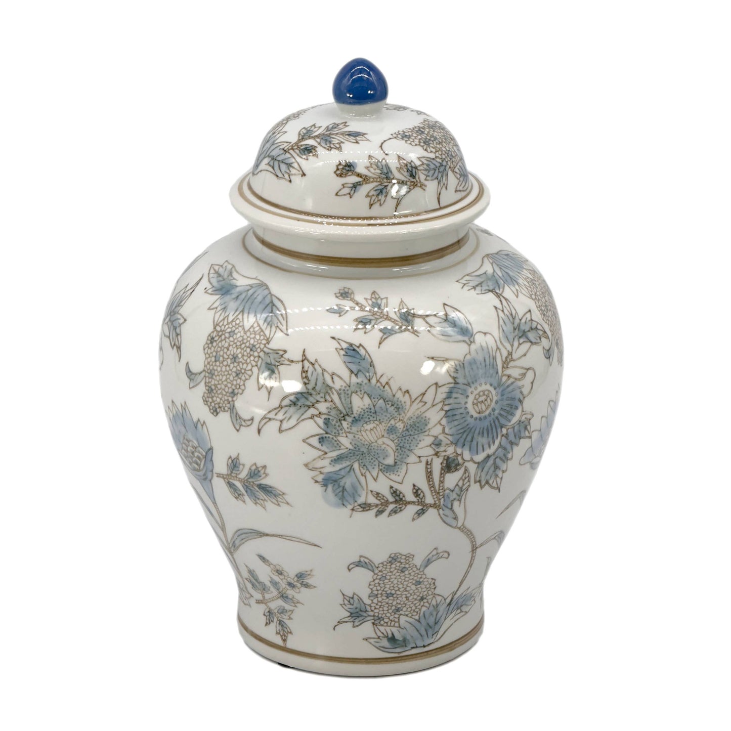 Ceramic jar with floral patterns on a white background White & Blue Floral  Ceramic Chinoiserie Jar 12"