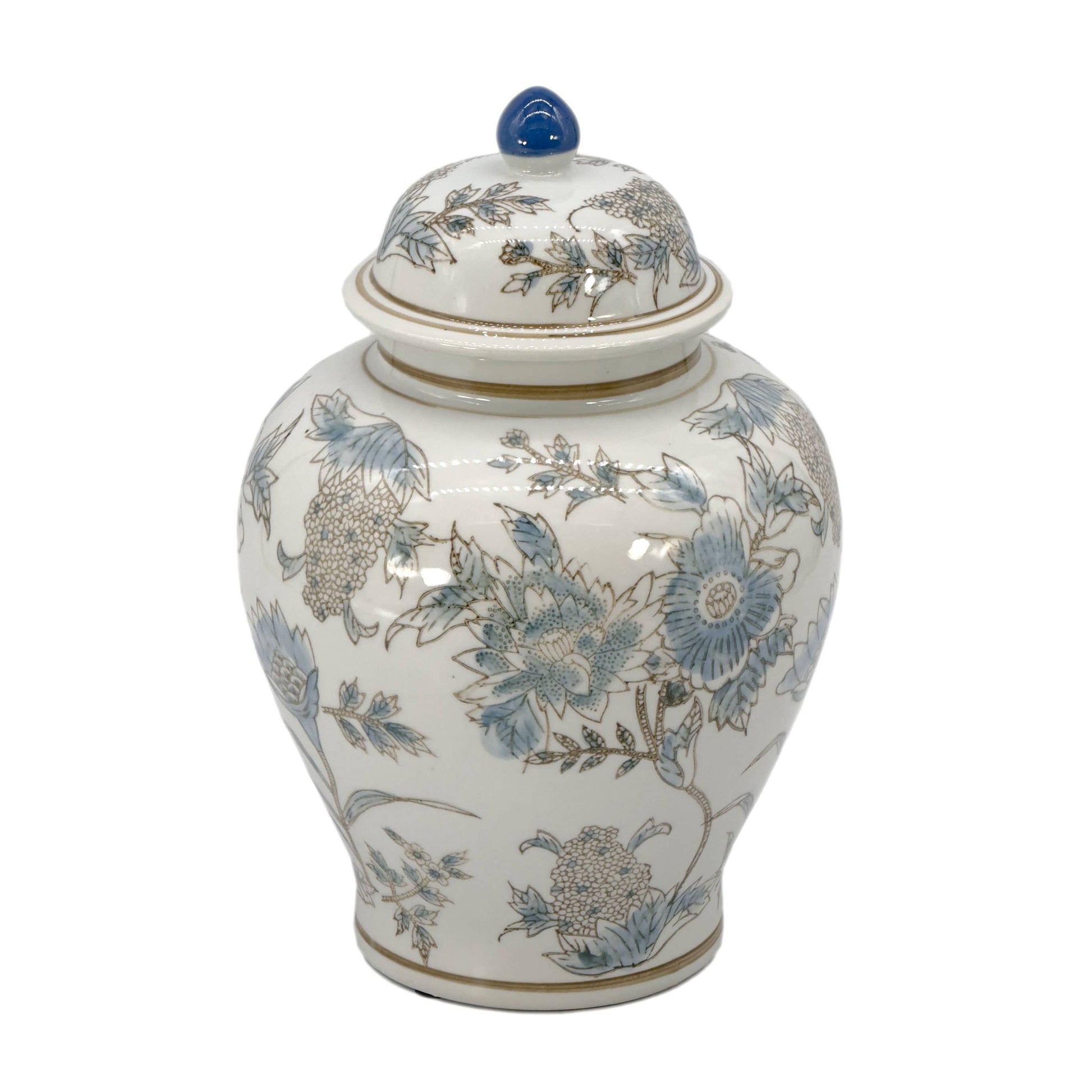 Ceramic jar with floral patterns on a white background White & Blue Floral  Ceramic Chinoiserie Jar 12"