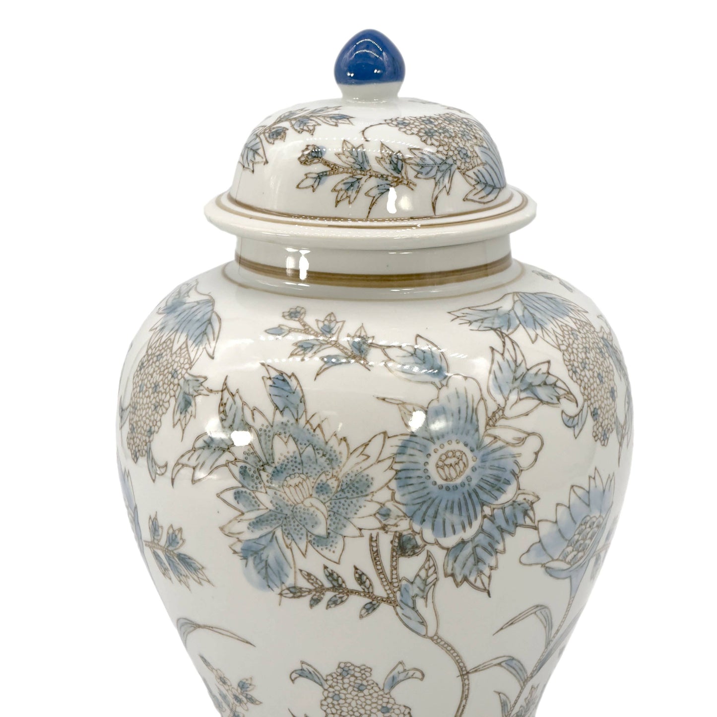 Decorative ceramic jar with blue floral patterns on a white background