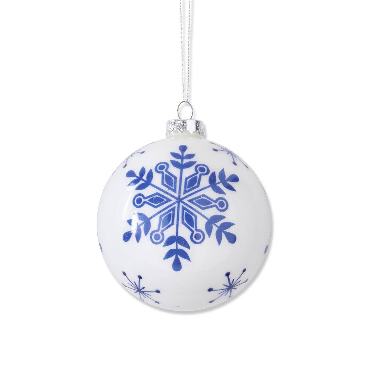 White & Blue Snowflake Glass Ornaments - Set of 2, 4.25"