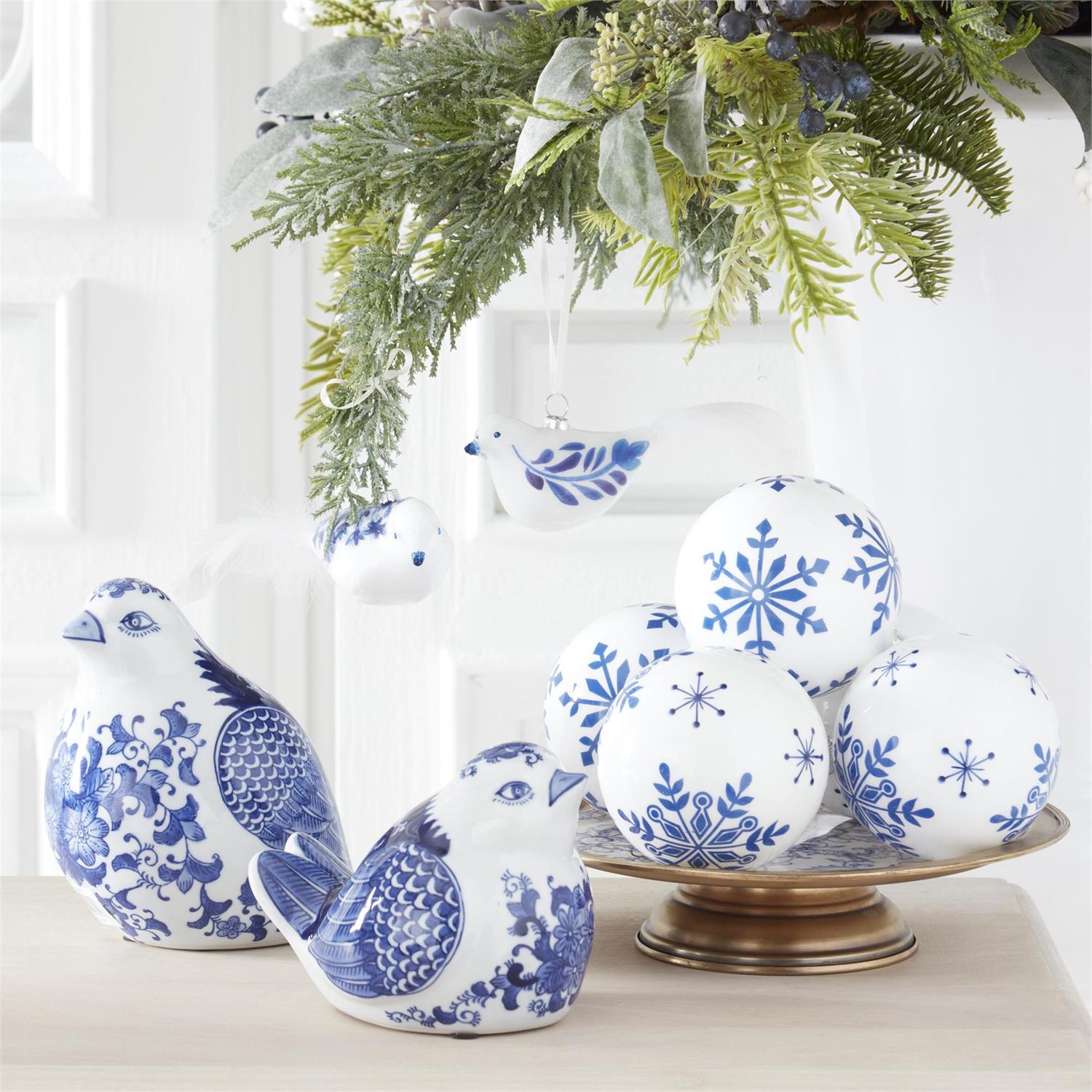 White & Blue Snowflake Glass Ornaments - Set of 2, 4.25"
