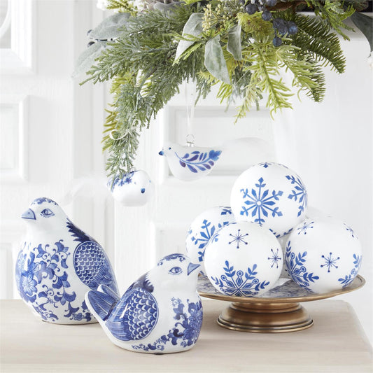 White & Blue Snowflake Glass Ornaments - Set of 2, 4.25"