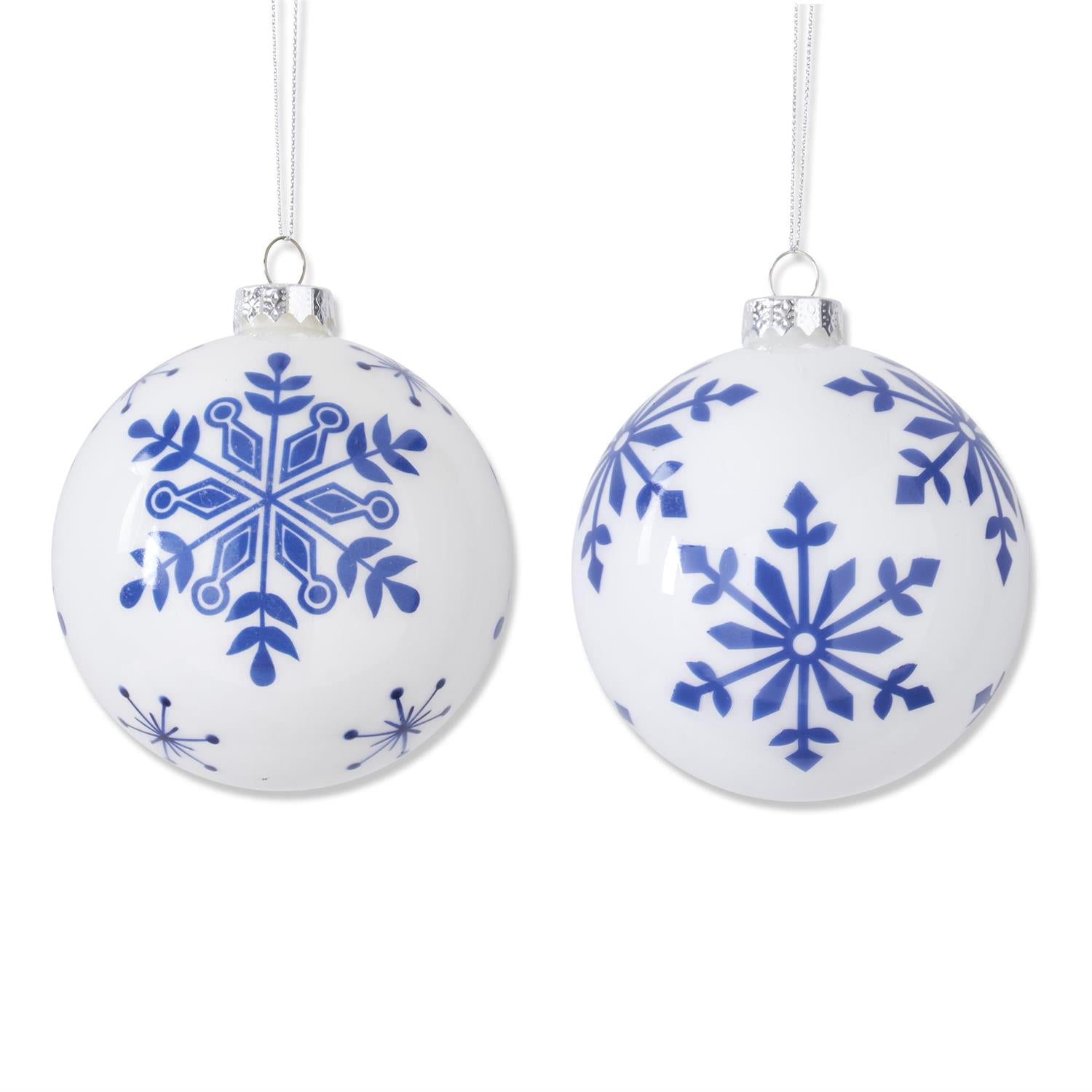 White & Blue Snowflake Glass Ornaments - Set of 2, 4.25"
