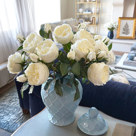 White English Cabbage Rose Stem 20" - Single Stem Artificial Flower