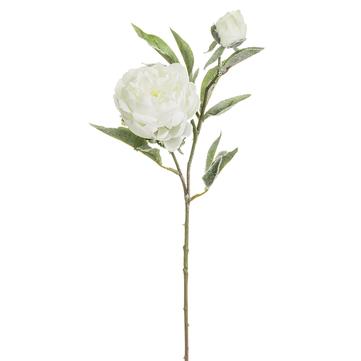 A single stem of a frosted snowy peony spray with white flowers, artificial floral decoration.