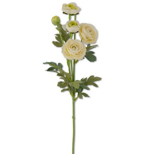 A artificial white ranunculus spray with a single stem and multiple petals, set against a plain background.