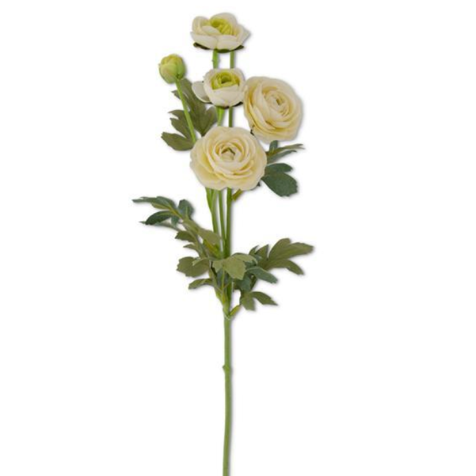 A artificial white ranunculus spray with a single stem and multiple petals, set against a plain background.