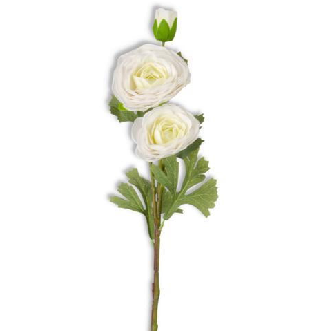 A 25 inch white artificial ranunculus stem with triple blooms and green leaves on a single stem.