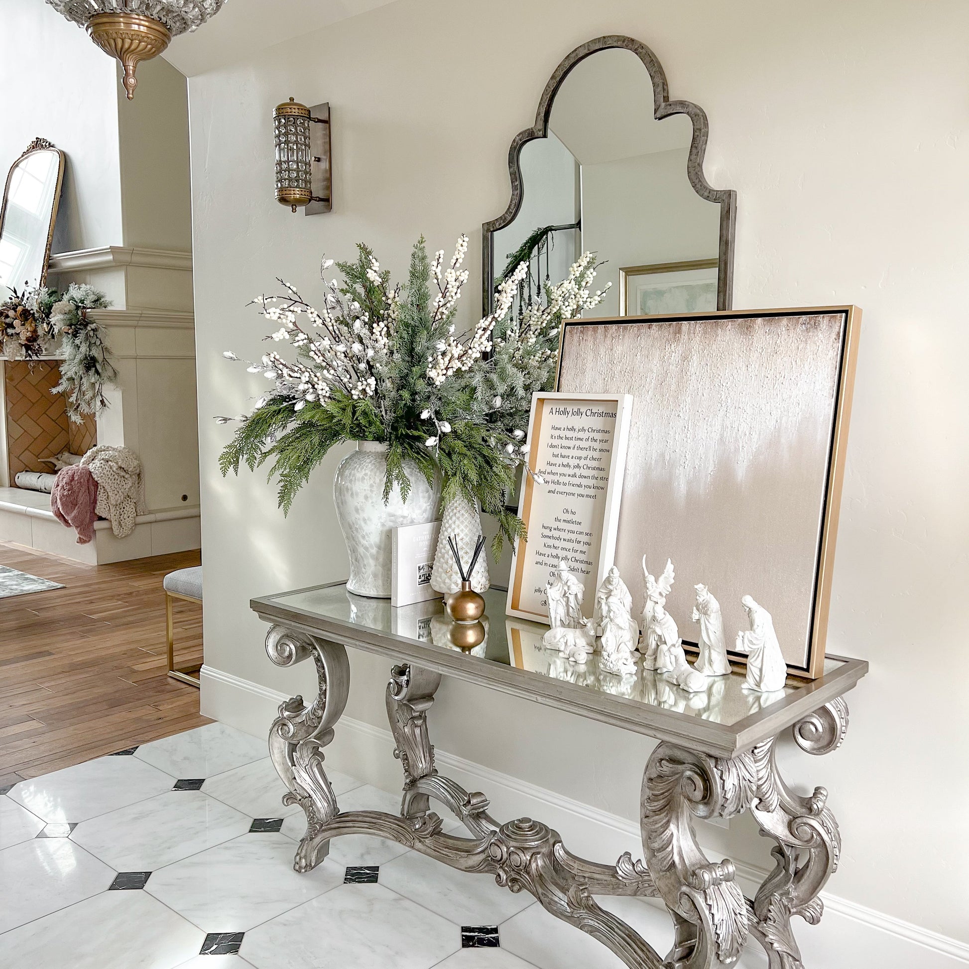 Decorative console table with a nativity scene.