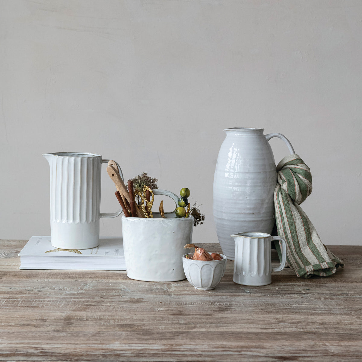 White_Ribbed_Stoneware_Pitcher