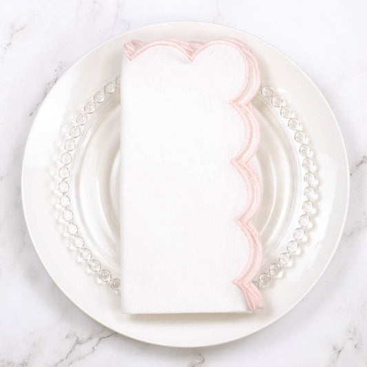 White Scalloped Napkin with Pink Trim 18x18 Set of Four