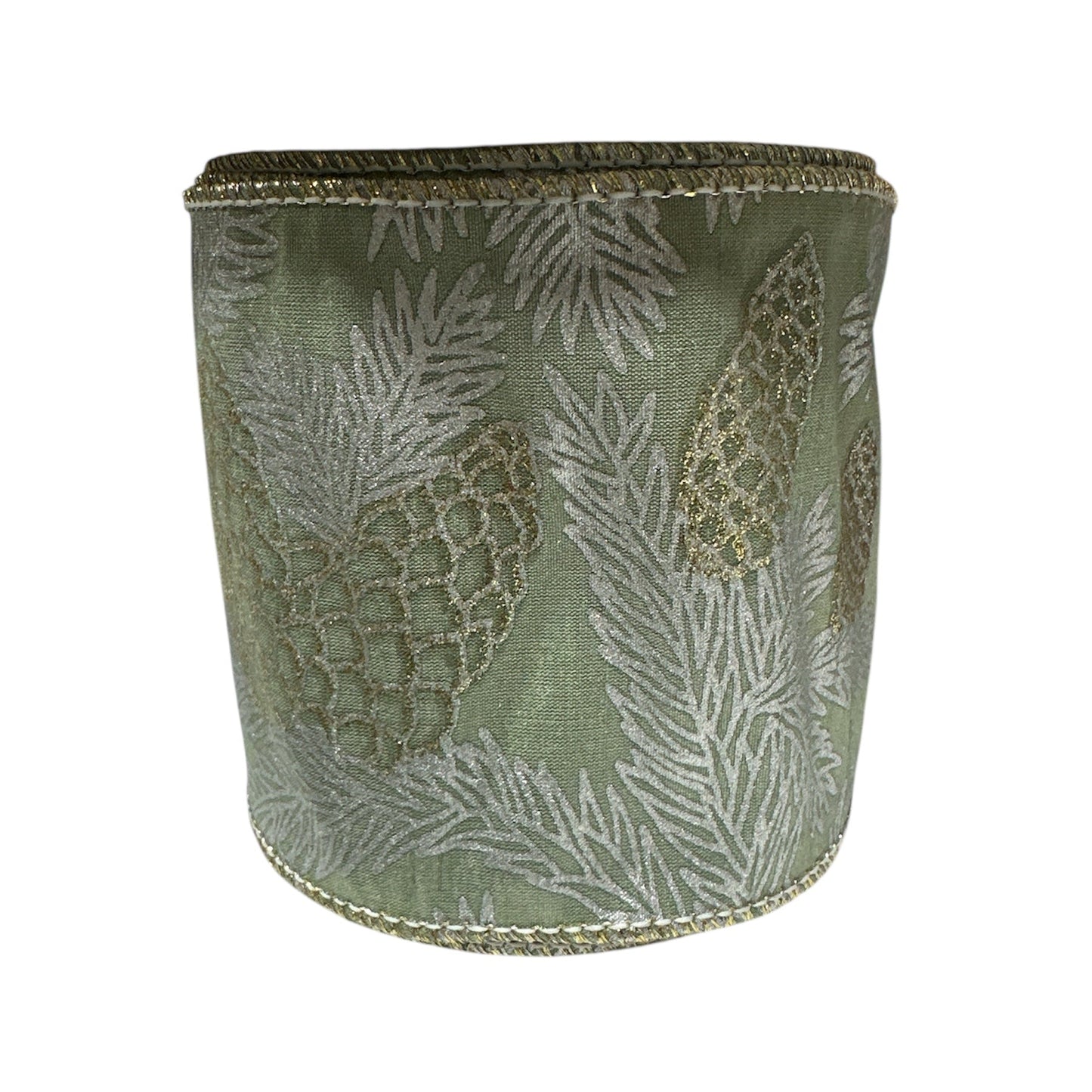 Wired Ribbon - Green with Gold & Silver Pinecones | 4" Width | 10 Yard Roll